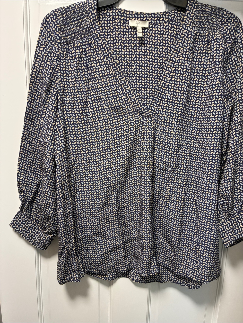 Joie Navy and Cream Printed Smocked Shoulder Blouse